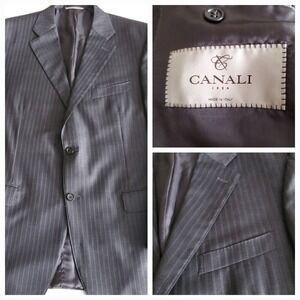 Canali Mens 46R 100% Wool 2 Button Blazer Jacket Charcoal Pinstripe